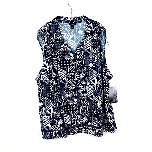 Erika NWT Womens Button Front Shirt Size 3X Blue White Geometric Shoulder Detail - Picture 1 of 10